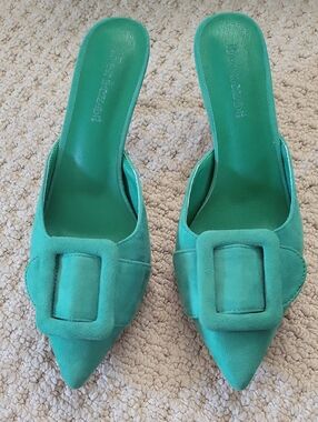 Pointed Green Suede Mule with Statement Buckle
